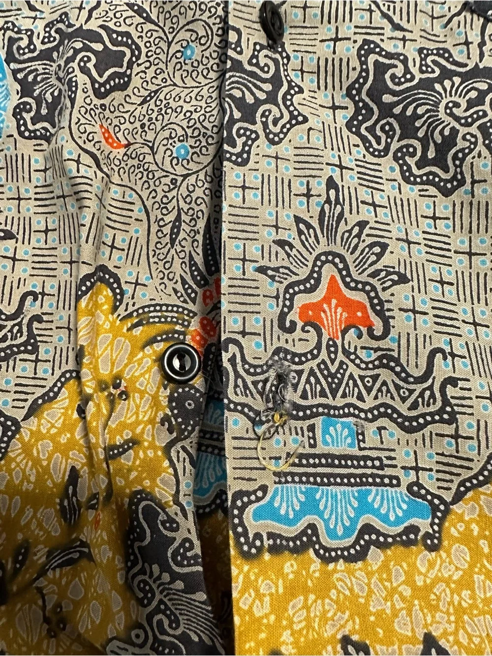Vintage Multicolor Batik 40s 50s Short Sleeve Polo - Yellow, Gray, Blue Accents